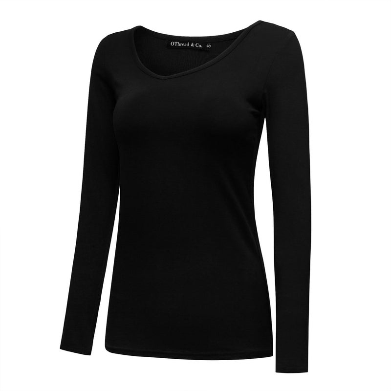OThread & Co. Women's Long Sleeve T-Shirt V-Neck Basic Layer Stretchy Shirts (X-Large, Black) - Image 2